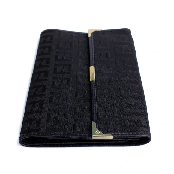 VTG 80s. FENDI FF Zucca Monogram Canvas & Leather Trifold Wallet In Black